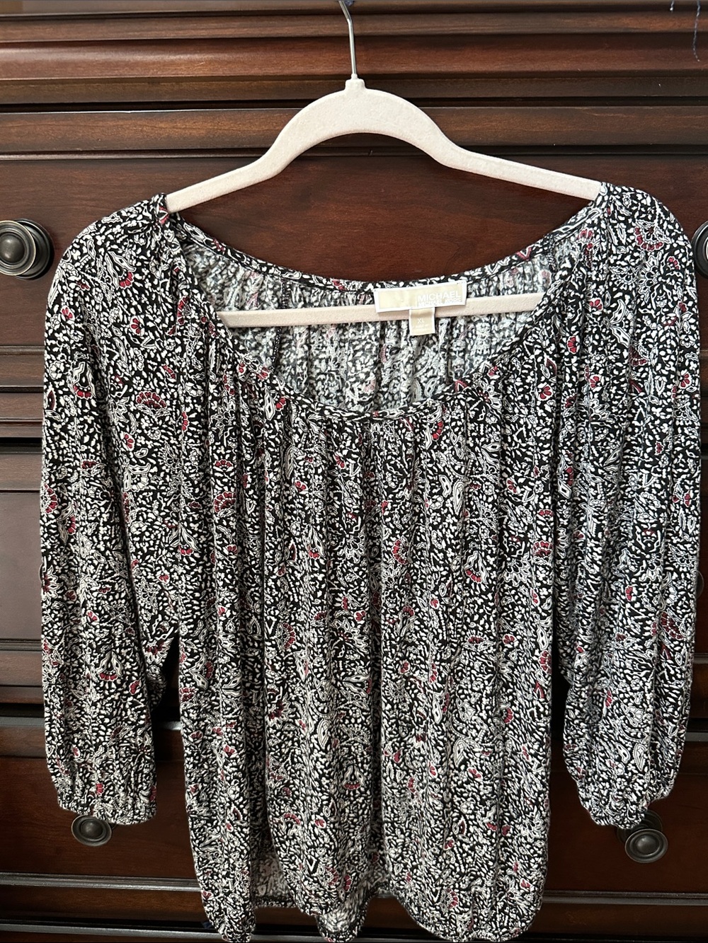 Michael Kors Black and Pink Floral Scoop-Neck Peasant Blouse